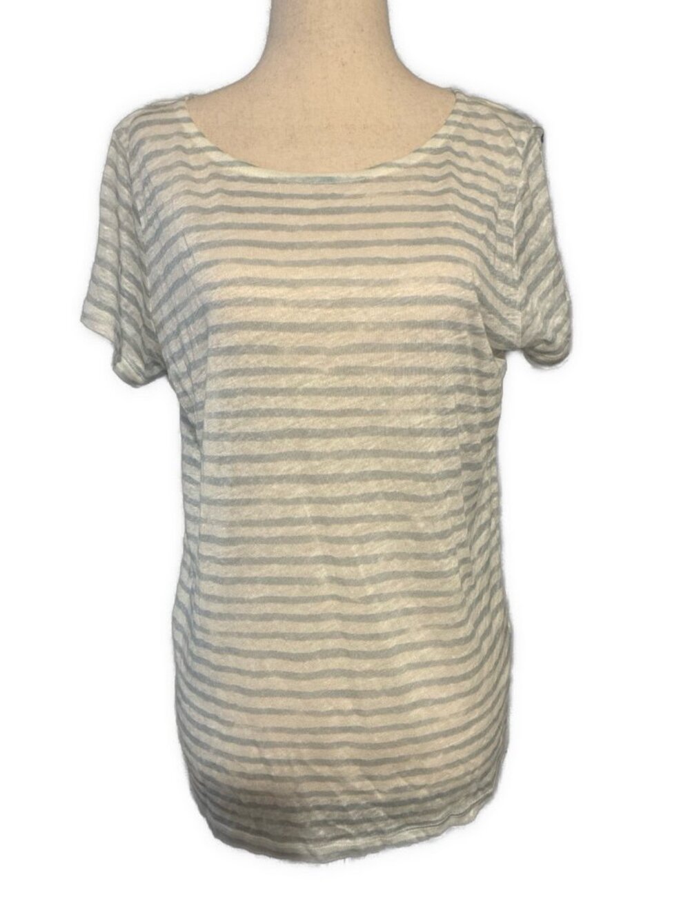 Majestic Filatures Blue White Striped 100% Linen Short Sleeve T Shirt 5 Xl